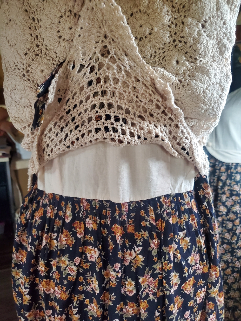 Jamie Brooke Navy Floral Maxi Dress with Cream Bodice - Picture 3 of 7